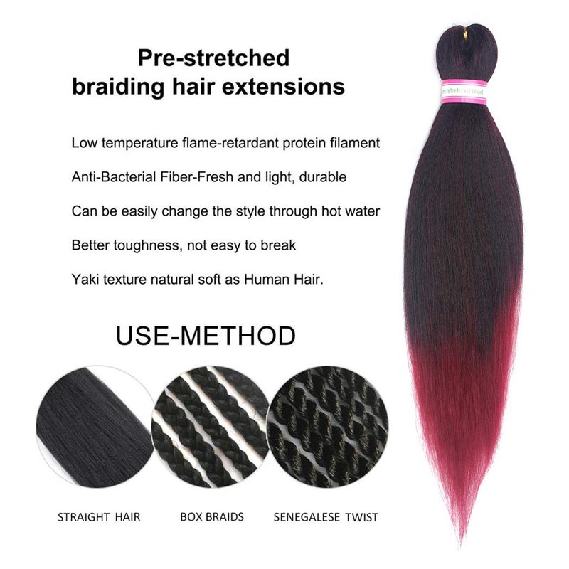 Dorsanee Ombre Burgundy Braiding Hair Pre Stretched 20 Inch 6 Packs Braiding Hair Extensions for Crochet Box Braids Twists Locs Hair Itch Free Soft Yaki Texture Hot Water Setting (20inch,#1B/Bug) - Image 3
